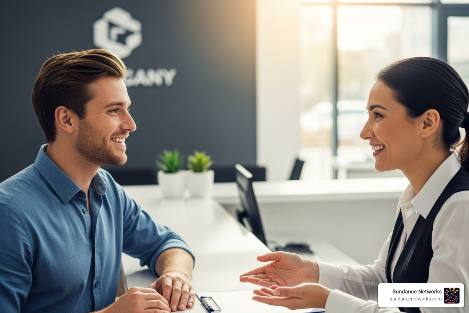 A professional interaction between a smiling man and woman at a modern office setting, with the man seated and the woman gesturing as they engage in conversation. The background features a company logo and potted plants.