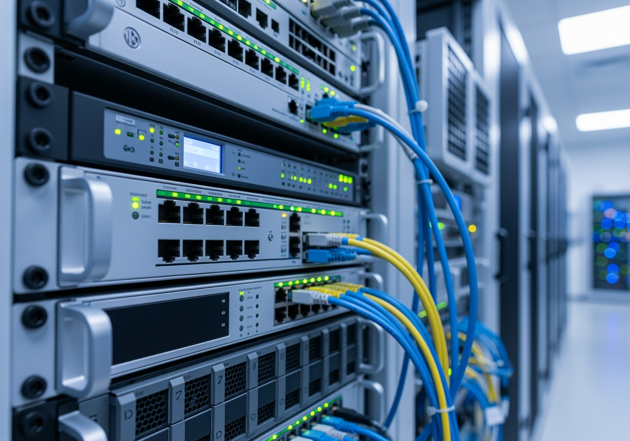 A close-up view of network server racks, featuring multiple devices with LED indicators and various colored Ethernet cables connected to the ports.