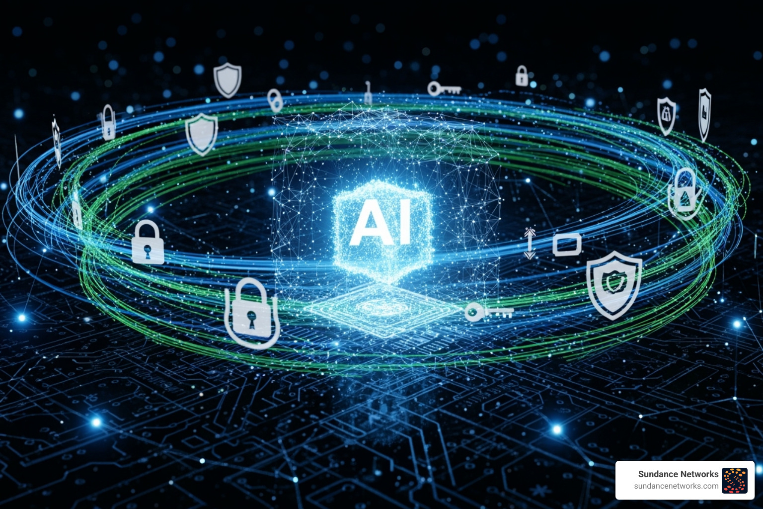 A digital representation of artificial intelligence (AI) centered within a glowing hexagon, surrounded by icons of locks and shields, against a dark, circuit-patterned background.