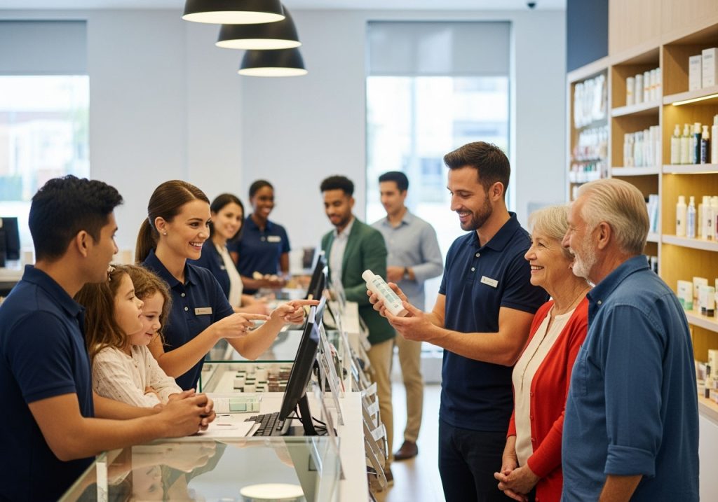 A group of employees assist customers in a retail store, showcasing skincare products and engaging in conversation. The setting features shelves stocked with various beauty items, and the staff wears matching blue uniforms.