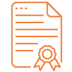 An orange flat line icon depicts a document with a certificate.