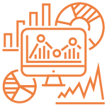 An orange flat line icon depicts a series of charts and graphs.