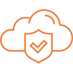 An orange flat line icon depicts cloud with a shield.
