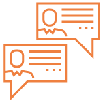 A flat orange line icon depicts two team members having a conversation