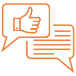An orange flat line icon depicts a conversation.