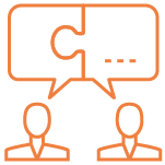 An orange flat line icon depicts a conversation.