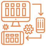 An orange flat line icon depicts a desktop monitor, tablet, and phone connecting to each other.