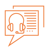 An orange flat line icon depicts a headset inside a message box.