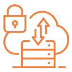 An orange flat line icon depicts a server, a cloud, and a padlock.