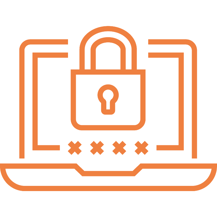 An orange flat line icon depicts a laptop with a padlock on the screen.
