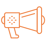 An orange flat line icon depicts a megaphone.