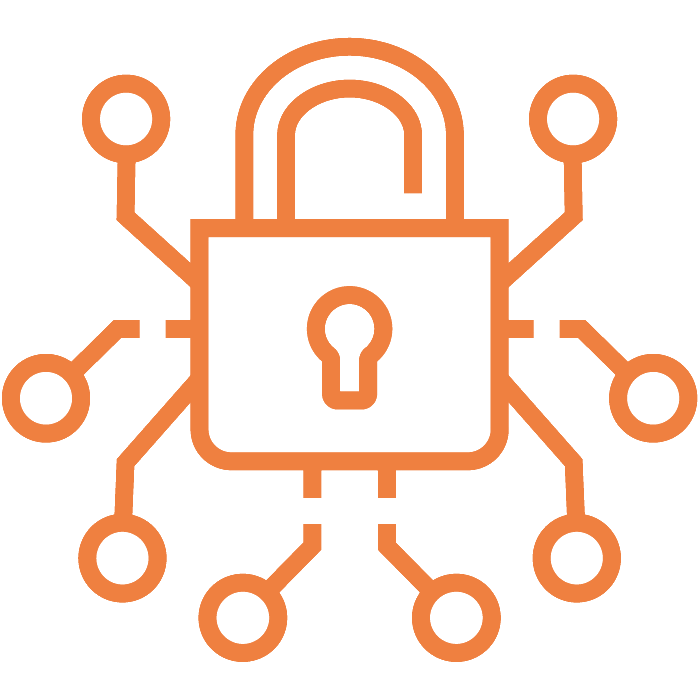 An orange flat line icon depicts a padlock and a circuit board graphic.