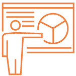 An orange flat line icon depicts a person giving a presentation with charts and graphs.