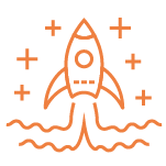 An orange flat line icon depicts a rocket ship blasting off.