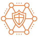 An orange flat line icon depicts a shield at the center of six spokes.