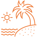 An orange flat line icon depicts a palm tree on a sunny beach.