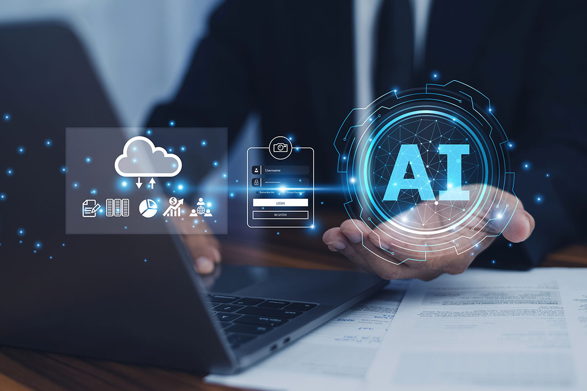 AI Solutions Concept A person in business attire uses a laptop, with digital icons related to cloud computing, data analysis, and artificial intelligence (AI) hovering above their hand.