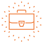 An orange line icon depicts a briefcase with lines radiating out of it, indicating excitement.