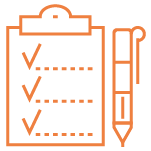 An orange outline of a clipboard with checkmarks and a pen beside it.