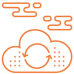 An orange outlined cloud graphic with arrows in a circular motion, surrounded by abstract wind-like shapes.