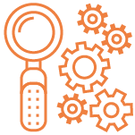 An orange magnifying glass next to several interconnected gears, symbolizing analysis and mechanics.