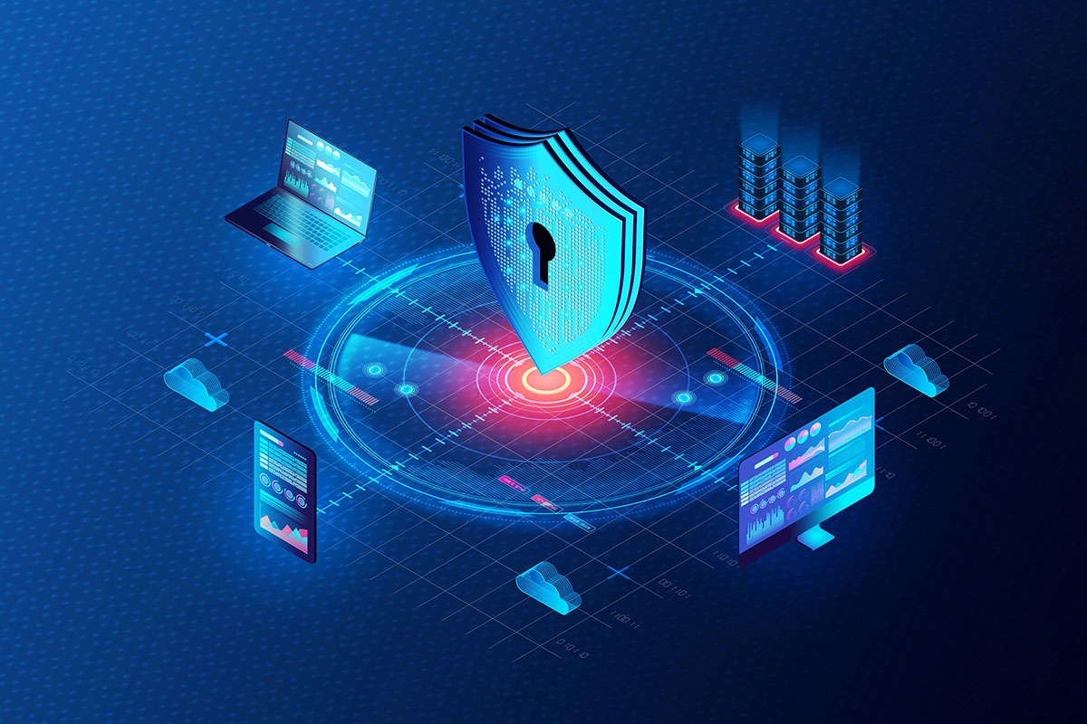 Network Security Concept A digital illustration depicting a central shield representing cybersecurity, surrounded by devices such as laptops and smartphones displaying data, along with cloud storage icons and server stacks, all set against a blue background with geometric patterns.