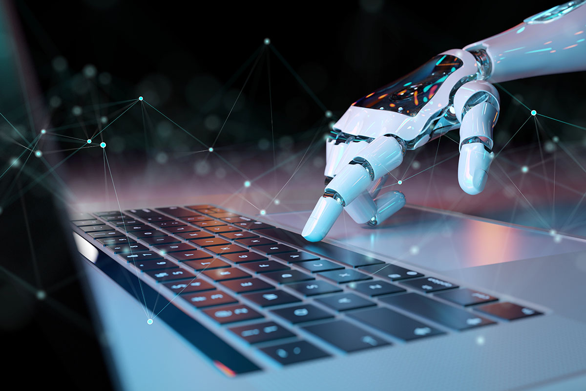 A robotic hand is poised to touch a laptop keyboard, with a blurred background featuring abstract digital connections.
