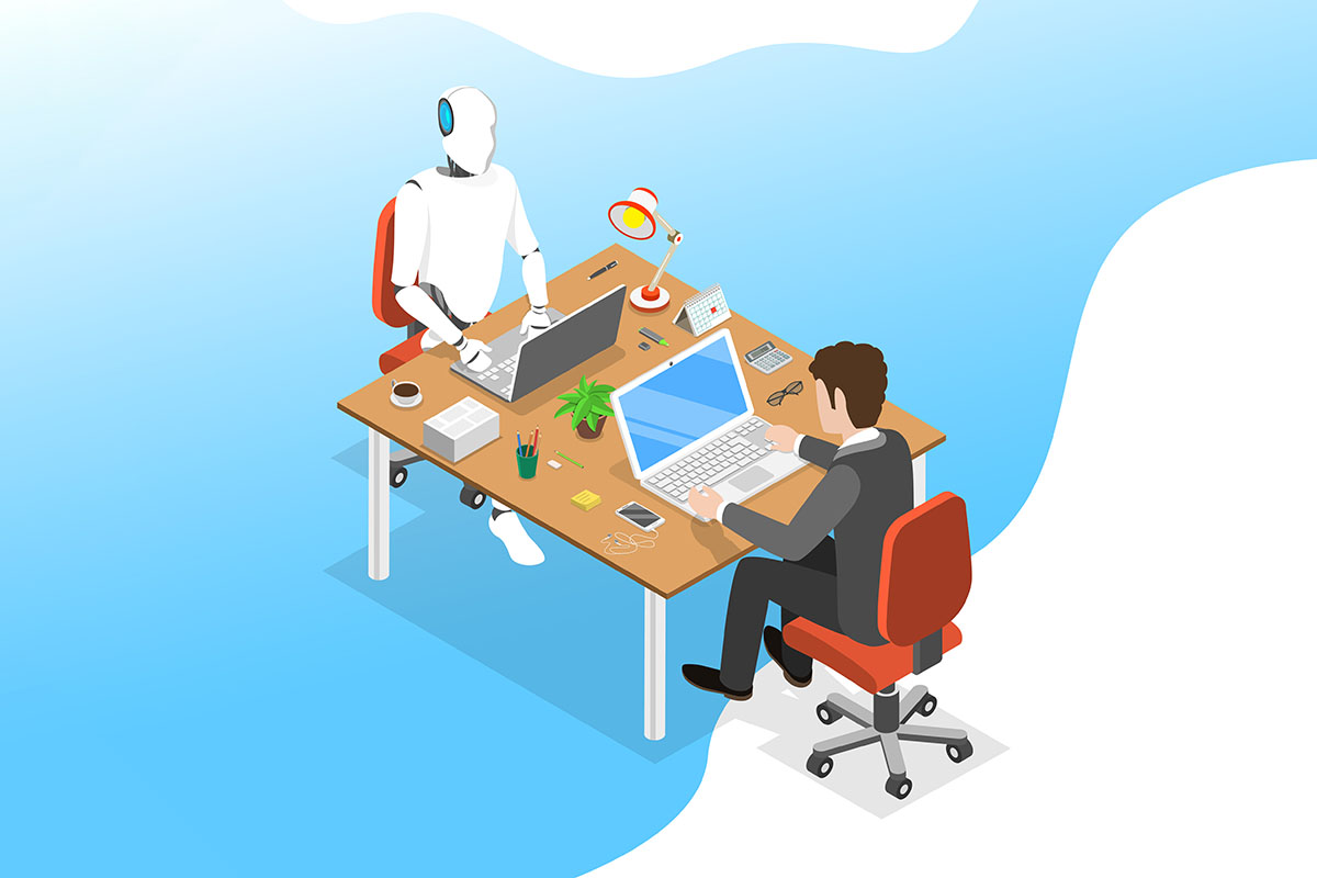 Business Automation An illustrated scene of an office workspace featuring a humanoid robot sitting at a desk on one side, using a laptop, and a man in business attire sitting at the opposite side, working on his laptop. The desk is adorned with a plant, coffee cup, stationery, and a desk lamp against a light blue background.