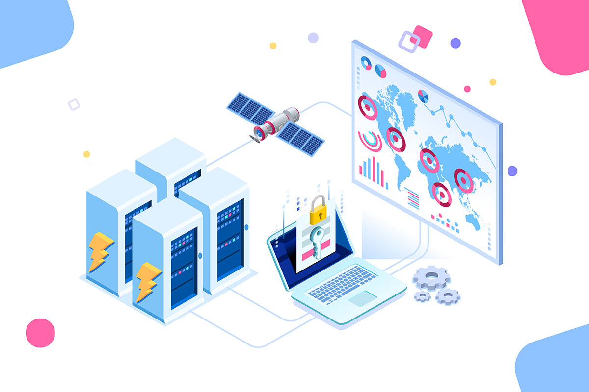 Multiple Location Network Concept An illustration depicting a networked system featuring several data servers, a laptop displaying a secure access screen, a satellite, and a large monitor with global maps and various data visualizations.